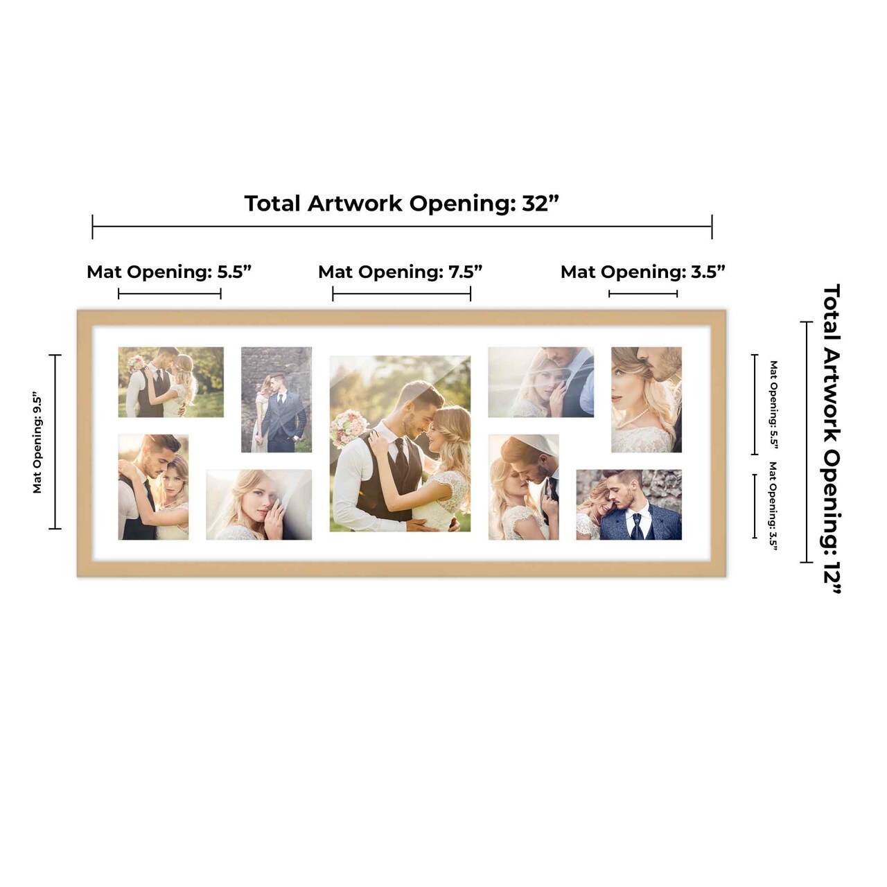 Natural Finish Collage Frame - White Mat, 20 Frame Sizes to Choose From, UV Acrylic, Wall Hanging Hardware, Vertical or Horizontal Display